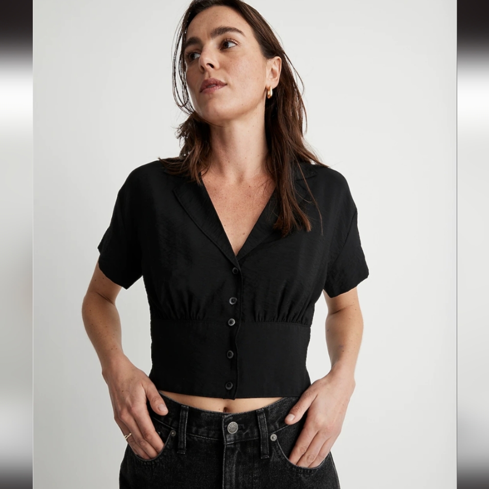 ❤️ NWT Madewell Drapey Banded Bottom Button Down Top Black Size XXS NJ625